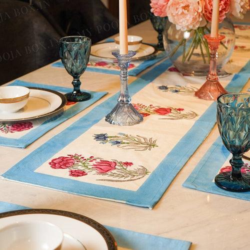 Blue Zunaira Floral Printed Cotton Table Runner