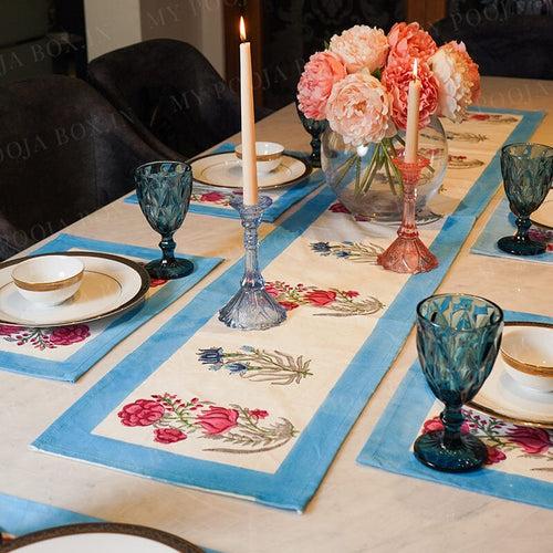 Blue Zunaira Floral Printed Cotton Table Runner