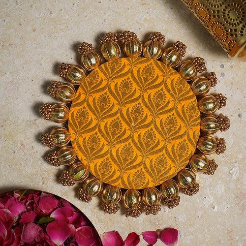 Brocade Two Sided Pooja Mat with Bead Work - 22cm