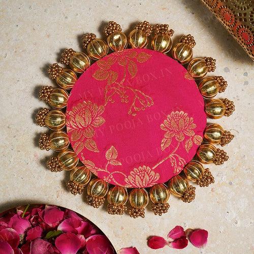 Brocade Two Sided Pooja Mat with Bead Work - 22cm
