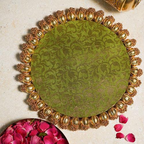 Brocade Two Sided Pooja Mat with Bead Work - 30cm