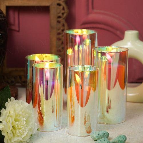 Rainbow LED Flickering Glass Jar Pillar Candles With Stand (Set of 5)