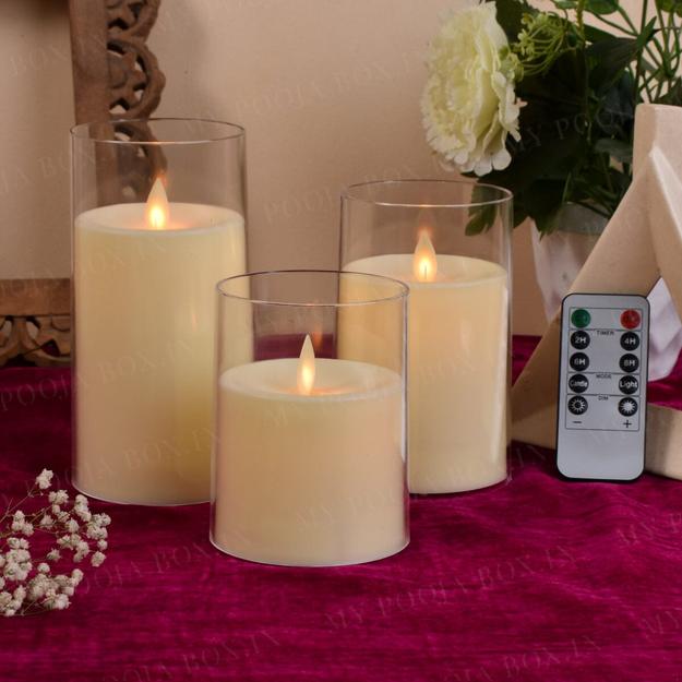 LED Flickering White Acrylic Glass Pillar Candles With Remote (Set of 3)