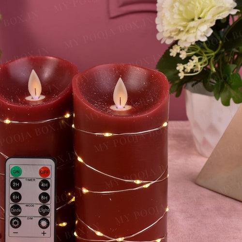 RED Real Wax Pillar Candles With String Lights (Set of 2)