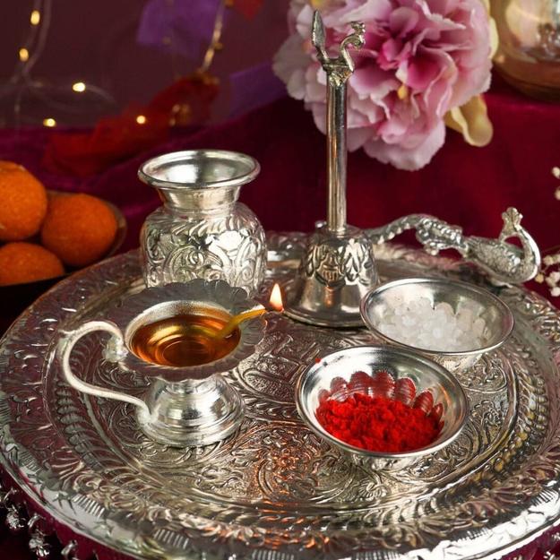 Luxurious Silver Peacock Pooja Thali Set