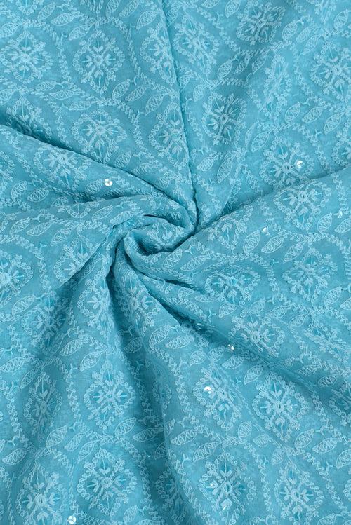 Sky Blue Flower Print Kashida Work Georgette Fabric