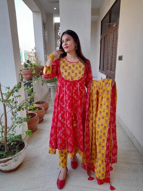 Red & Yellow Flower Print Anarkali Cotton Gown with Pant & Dupatta