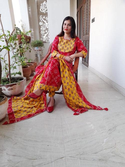 Red & Yellow Flower Print Anarkali Cotton Gown with Pant & Dupatta