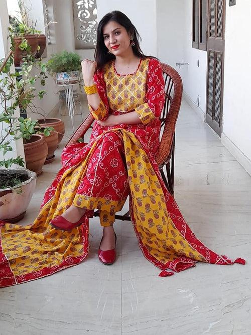 Red & Yellow Flower Print Anarkali Cotton Gown with Pant & Dupatta