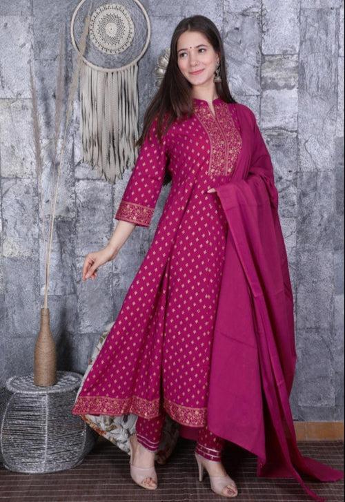 Rani Pink Flower Print Stitched Anarkali Cotton Suit Set with Kurti, Pant & Dupatta