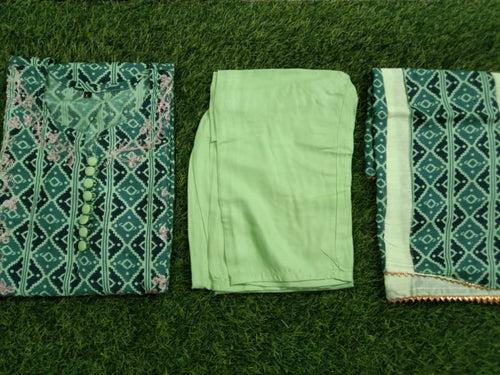Green Flower Print Stitched Rayon Suit Set with Kurti, Pant & Dupatta
