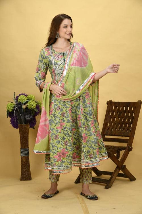 Green Flower Print Cotton Stitched Suit Set with Dupatta