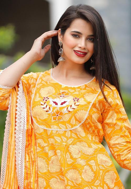 Yellow Flower Print Cotton Stitched Suit Set with Dupatta