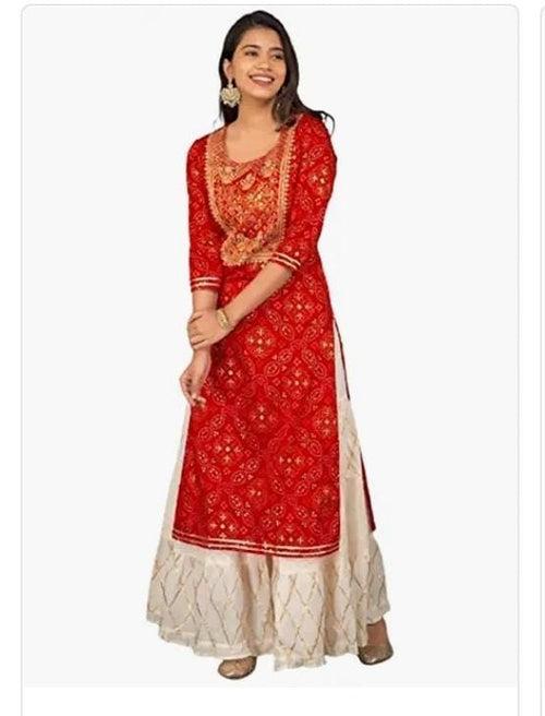 Red Flower Print Rayon Sharara Kurti & Pant