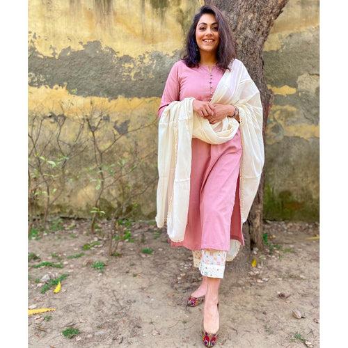 Pink Printed Cotton Stitched Suit Set with Kurti, Pant & Dupatta