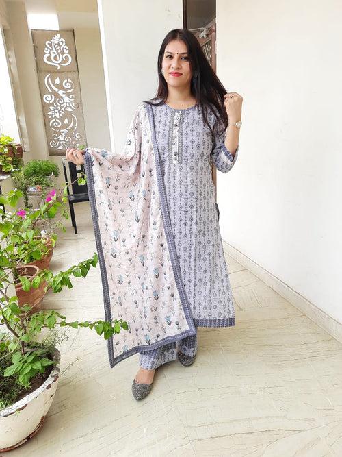 Gray Flower Print Cotton Stitched Suit set with Kurti, Palazzo & Muslin Dupatta