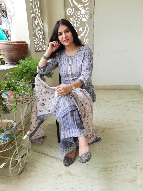 Gray Flower Print Cotton Stitched Suit set with Kurti, Palazzo & Muslin Dupatta