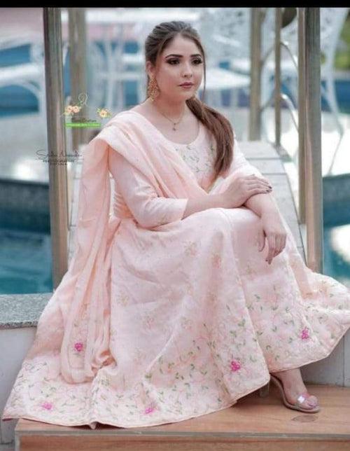 Peach Flower Print Cotton Stitched Suit Set with Dupatta