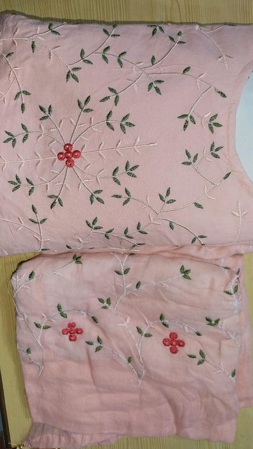 Peach Flower Print Cotton Stitched Suit Set with Dupatta