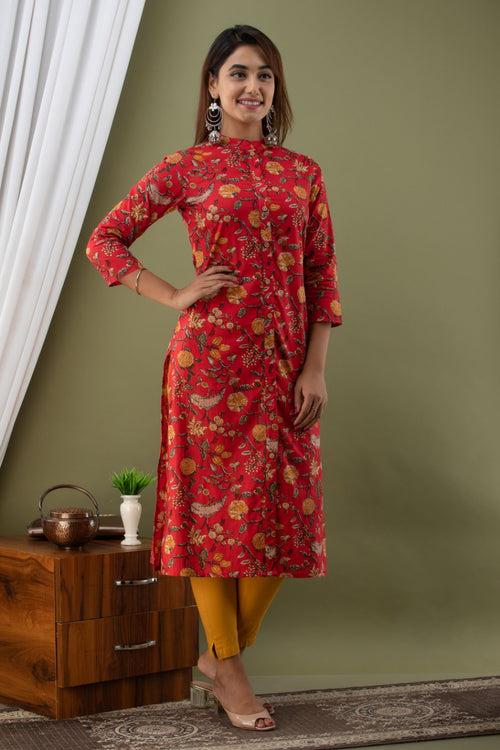 Red Flower Print Cotton A - Line Kurti