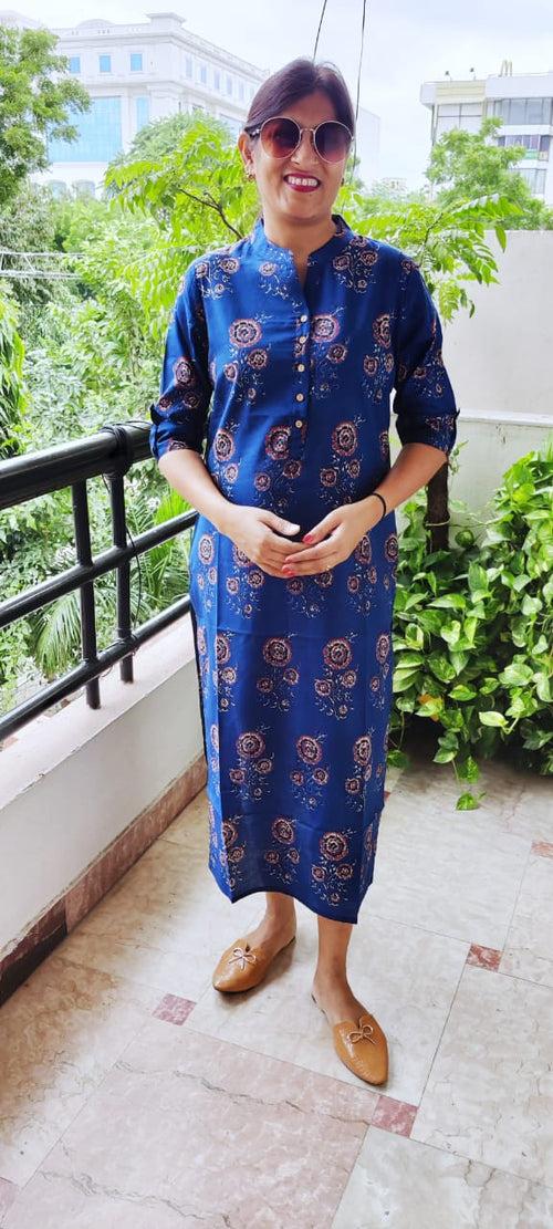 Blue Flower Print Cotton Half Sleeves Kurti with Mask