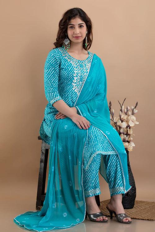 Blue Leheriya Gotta Work Stitched Suit Set with Kurti, Pant & Dupatta