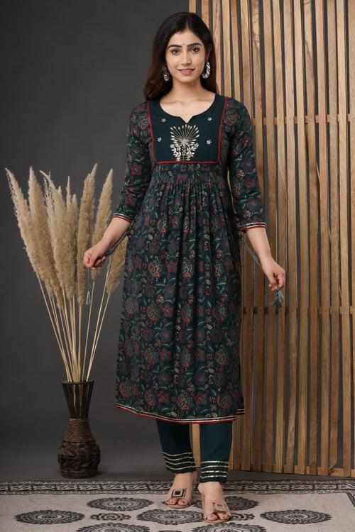 Green Flower Rayon Stitched Suit Set with Kurti, Pant & Dupatta