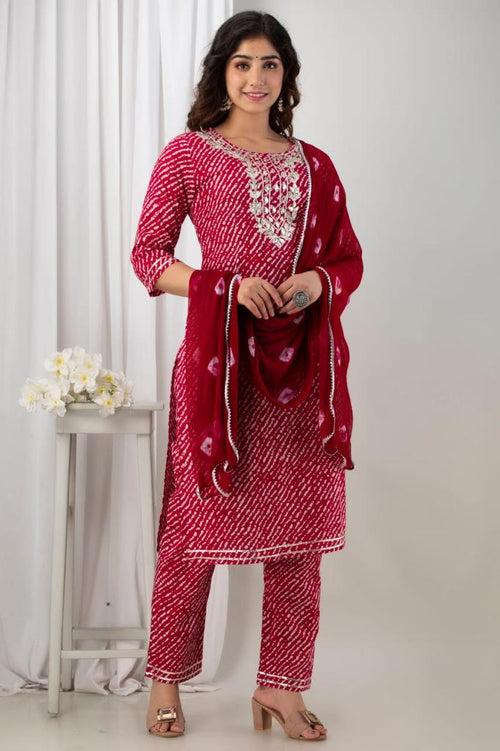 Maroon Leheriya Stitched Suit Set with Kurti, Pant & Dupatta