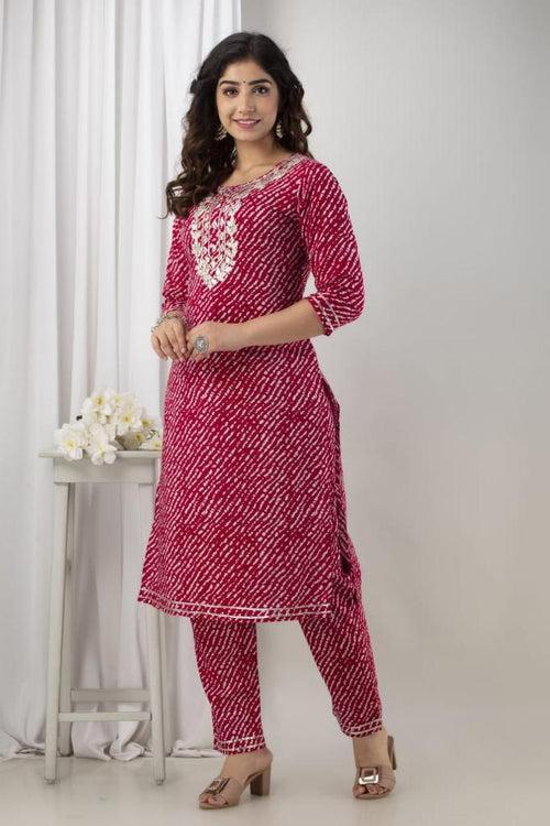 Maroon Leheriya Stitched Suit Set with Kurti, Pant & Dupatta