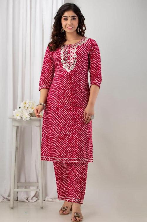 Maroon Leheriya Stitched Suit Set with Kurti, Pant & Dupatta