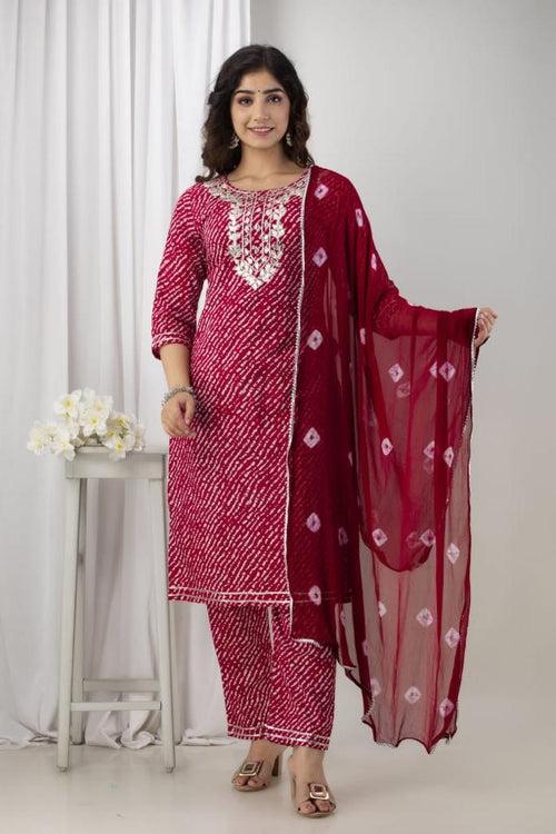 Maroon Leheriya Stitched Suit Set with Kurti, Pant & Dupatta