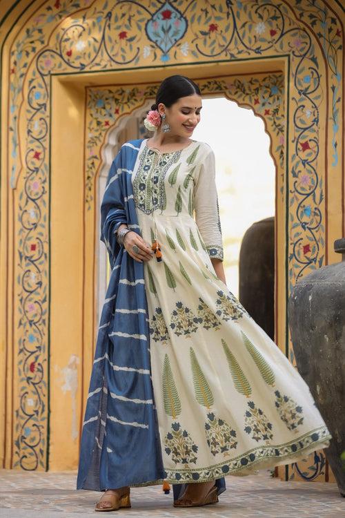 Blue Designer Leaf Print Cotton Stitched Gown With Silk Dupatta