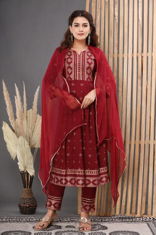 Maroon Handwork Rayon Stitched Suit set with Kurti, Pant & Dupatta