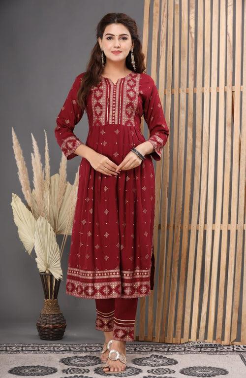 Maroon Handwork Rayon Stitched Suit set with Kurti, Pant & Dupatta