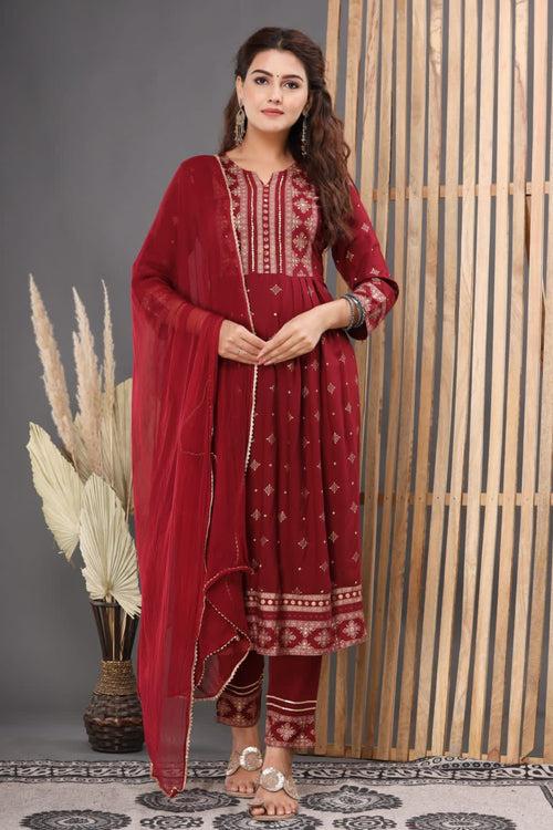 Maroon Handwork Rayon Stitched Suit set with Kurti, Pant & Dupatta