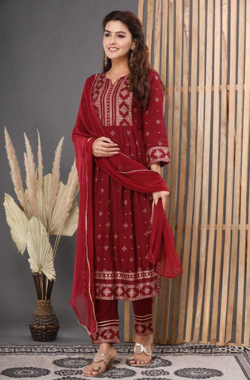 Maroon Handwork Rayon Stitched Suit set with Kurti, Pant & Dupatta