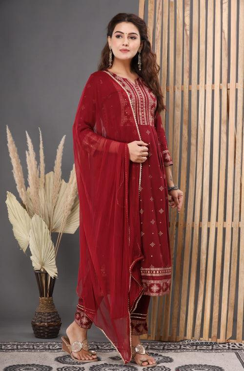 Maroon Handwork Rayon Stitched Suit set with Kurti, Pant & Dupatta