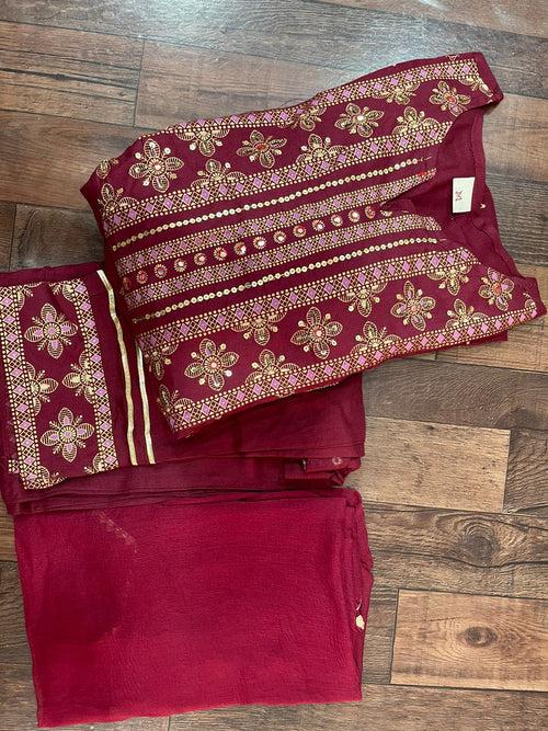 Maroon Handwork Rayon Stitched Suit set with Kurti, Pant & Dupatta