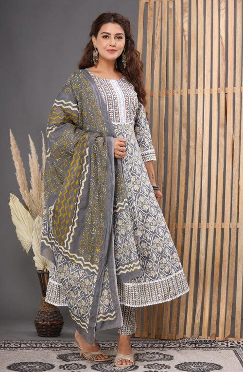 Gray Hand Work Cotton Stitched suit set with Anarkali Kurti , Pant & Dupatta