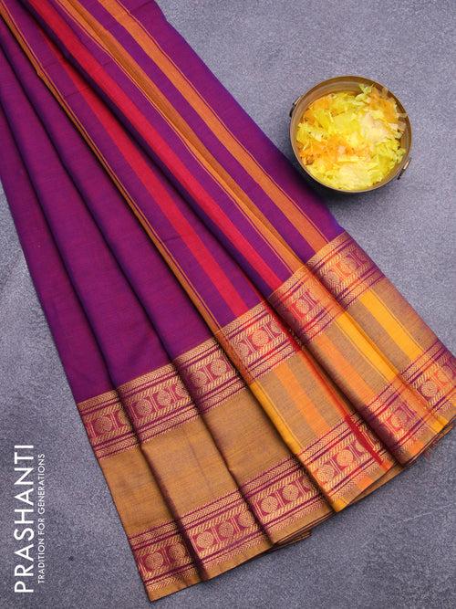 Narayanpet cotton saree purple and mustard yellow with plain body and rettapet zari woven border