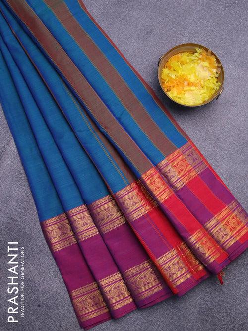 Narayanpet cotton saree dual shade of greenish blue and purple with plain body and rettapet zari woven border