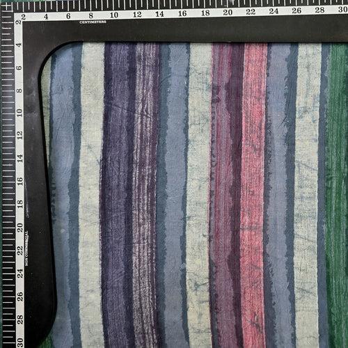 Pure Cotton Dabu Multi Blocks Stripes With Light Grey,Green ,White, Purple And Pink Hand Block Print Fabric