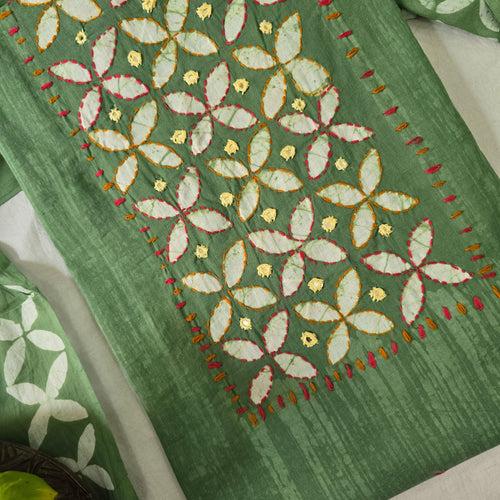 AACHAL-Pure Cotton Batik Green With White Flower Yoke With Emboiderey Top And Green With White Flower Cotton Bottom And Cotton Dupatta