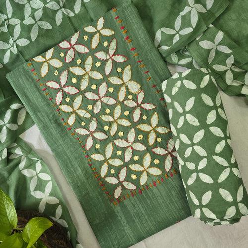 AACHAL-Pure Cotton Batik Green With White Flower Yoke With Emboiderey Top And Green With White Flower Cotton Bottom And Cotton Dupatta