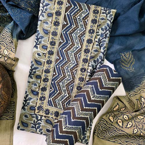 ANAYA- Soft Cotton Silk Vansapati  Blue Design Top And Blue With Grey Zig-Zag Soft Cotton Silk  Bottom And Cotton Silk Dupatta