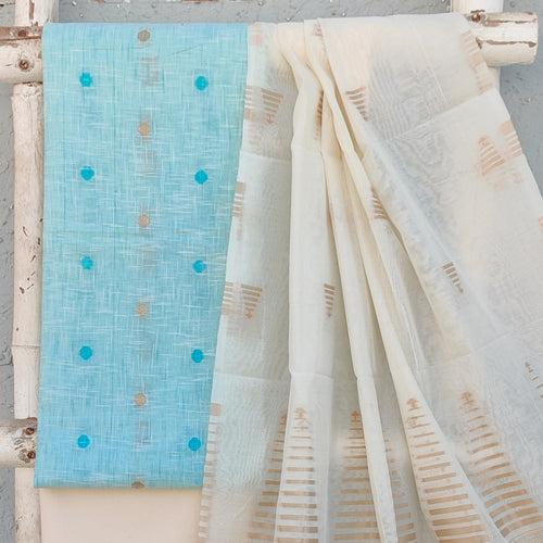 AAKASHI-Pure Cotton Handloom Blue With Light Blue And Cream  Polka Dots Top And Plain  Cream Bottom White  And Chanderi Jamdani Dupatta