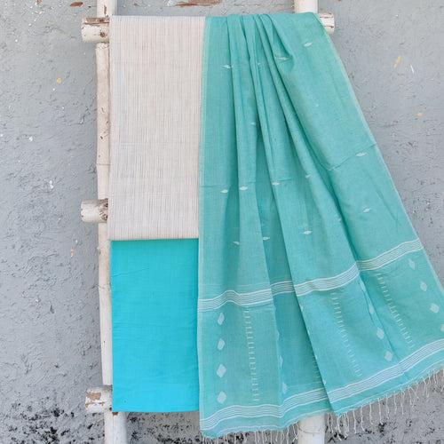 AAKASHI-Pure Cotton Handloom White With Light Brown Stripes Top And Plain Blue And Cotton Jamdani Dupatta