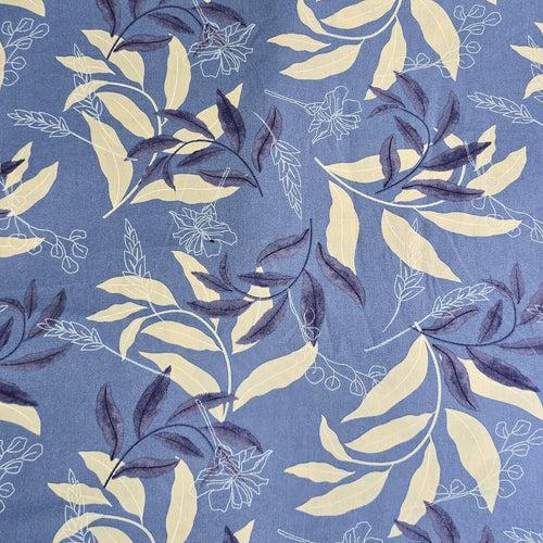 Cotton Print Flex Light Blue With White  And Dark Blue Leaves Jaal  Fabric