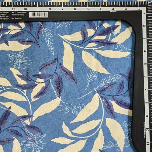 Cotton Print Flex Light Blue With White  And Dark Blue Leaves Jaal  Fabric