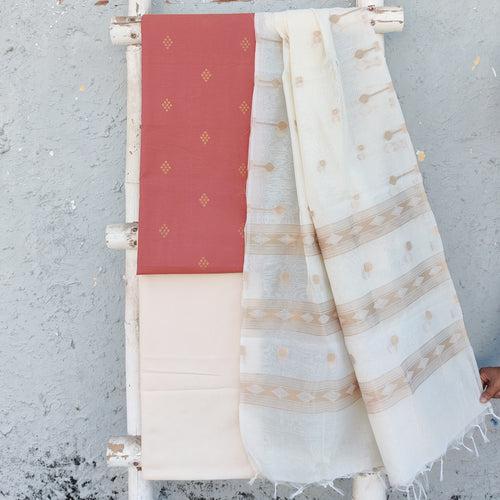 AAKASHI-Pure Cotton Handloom Peach With Golden Diamond Top And Plain Cream Bottom   And Chanderi Jamdani Dupatta